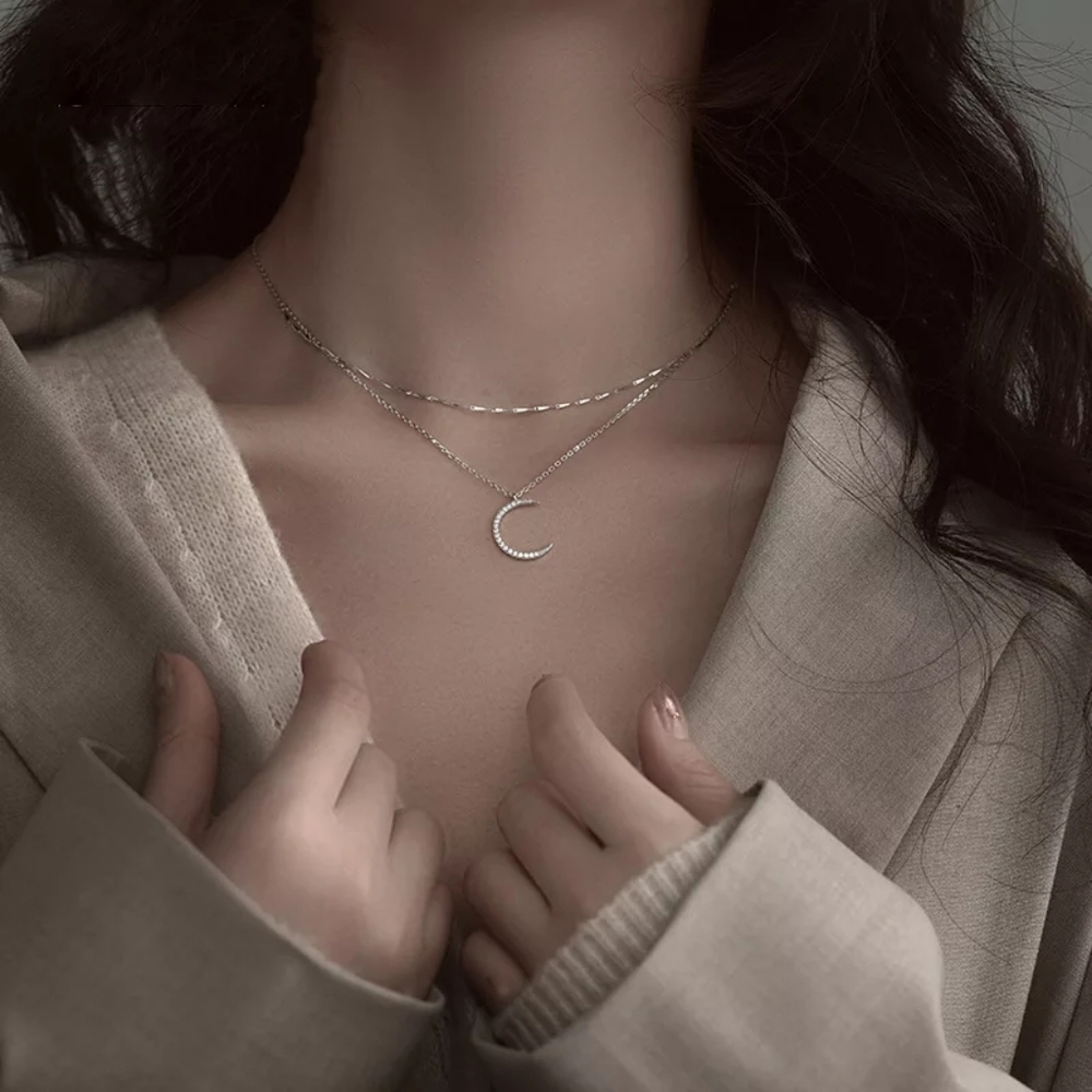 NEW | Crescent Moon Multi Layer Pave Diamond Necklace - Picture 7 of 15